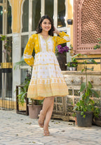Juniper Mustard Ethnic Motif Printed Cotton Short Dress With Mirror Work & Lace | Grocsy
