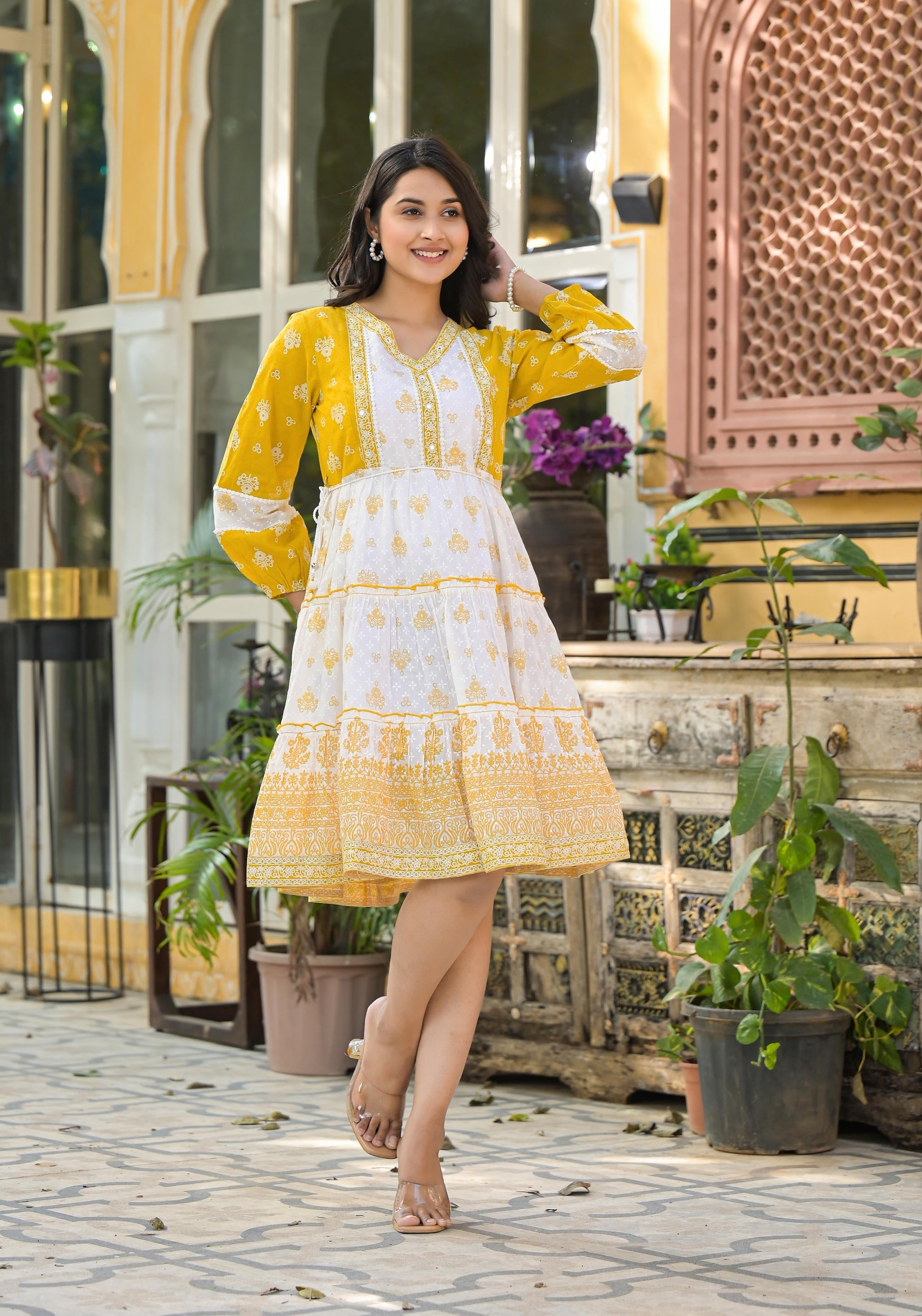 Juniper Mustard Ethnic Motif Printed Cotton Short Dress With Mirror Work & Lace | Grocsy