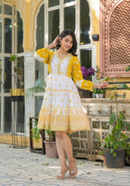 Juniper Mustard Ethnic Motif Printed Cotton Short Dress With Mirror Work & Lace | Grocsy