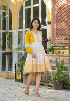 Juniper Mustard Ethnic Motif Printed Cotton Short Dress With Mirror Work & Lace | Grocsy