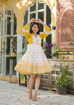 Juniper Mustard Ethnic Motif Printed Cotton Short Dress With Mirror Work & Lace | Grocsy