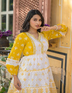 Juniper Mustard Ethnic Motif Printed Cotton Short Dress With Mirror Work & Lace | Grocsy