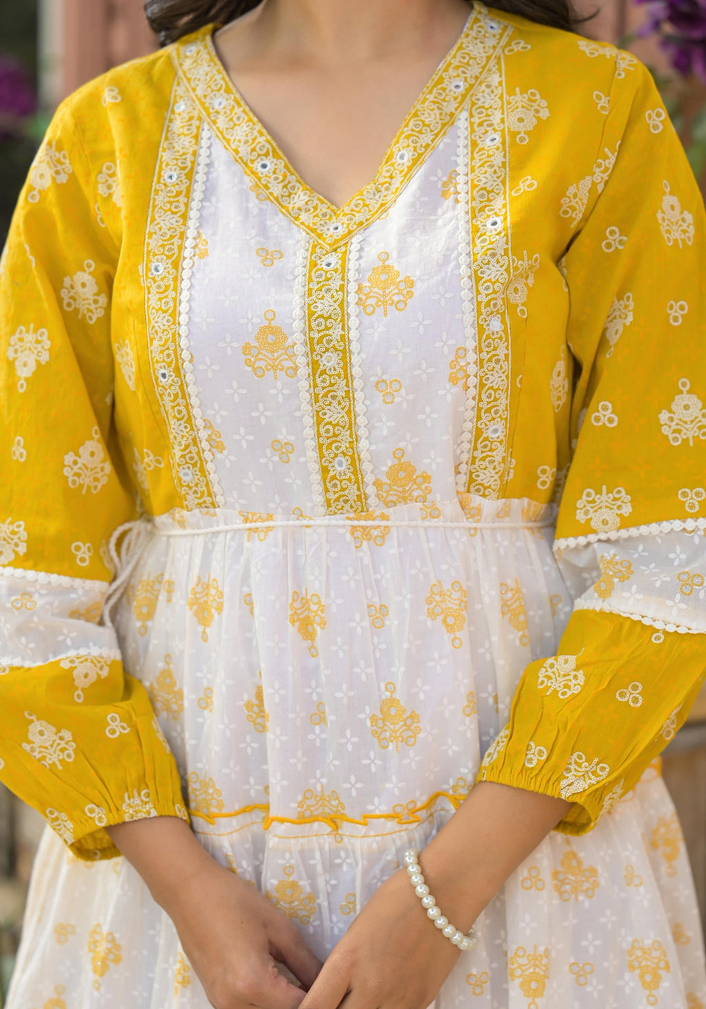 Juniper Mustard Ethnic Motif Printed Cotton Short Dress With Mirror Work & Lace | Grocsy