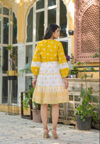 Juniper Mustard Ethnic Motif Printed Cotton Short Dress With Mirror Work & Lace | Grocsy