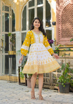 Juniper Mustard Ethnic Motif Printed Cotton Short Dress With Mirror Work & Lace | Grocsy
