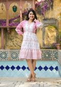 Juniper Onion Pink Ethnic Motif Printed Cotton Short Dress With Mirror Work & Lace | Grocsy