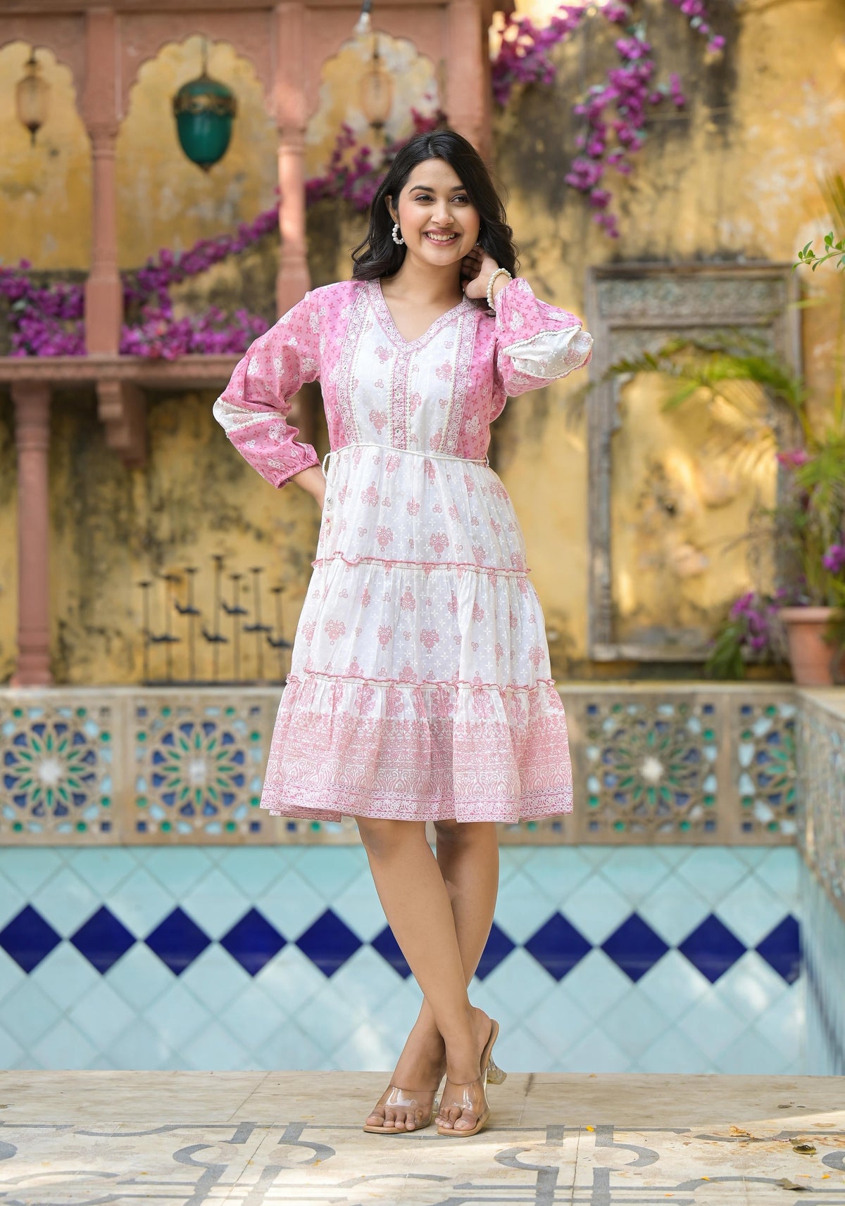Juniper Onion Pink Ethnic Motif Printed Cotton Short Dress With Mirror Work & Lace | Grocsy