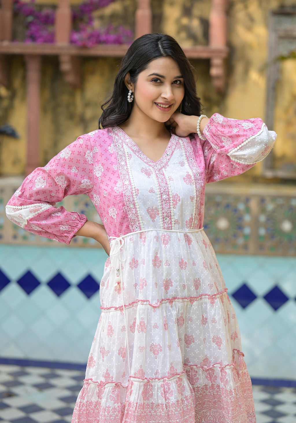 Juniper Onion Pink Ethnic Motif Printed Cotton Short Dress With Mirror Work & Lace | Grocsy