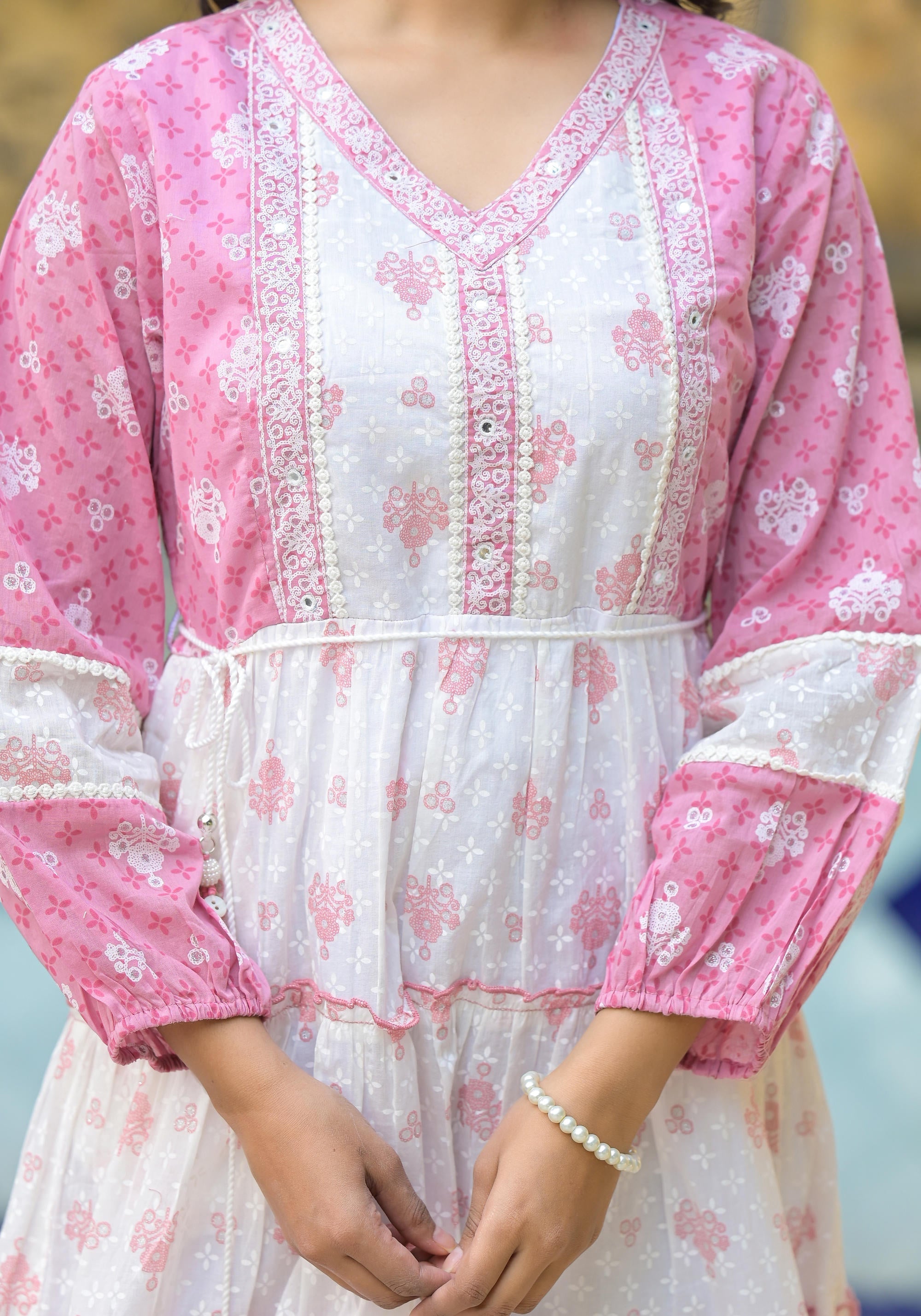 Juniper Onion Pink Ethnic Motif Printed Cotton Short Dress With Mirror Work & Lace | Grocsy