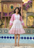 Juniper Onion Pink Ethnic Motif Printed Cotton Short Dress With Mirror Work & Lace | Grocsy