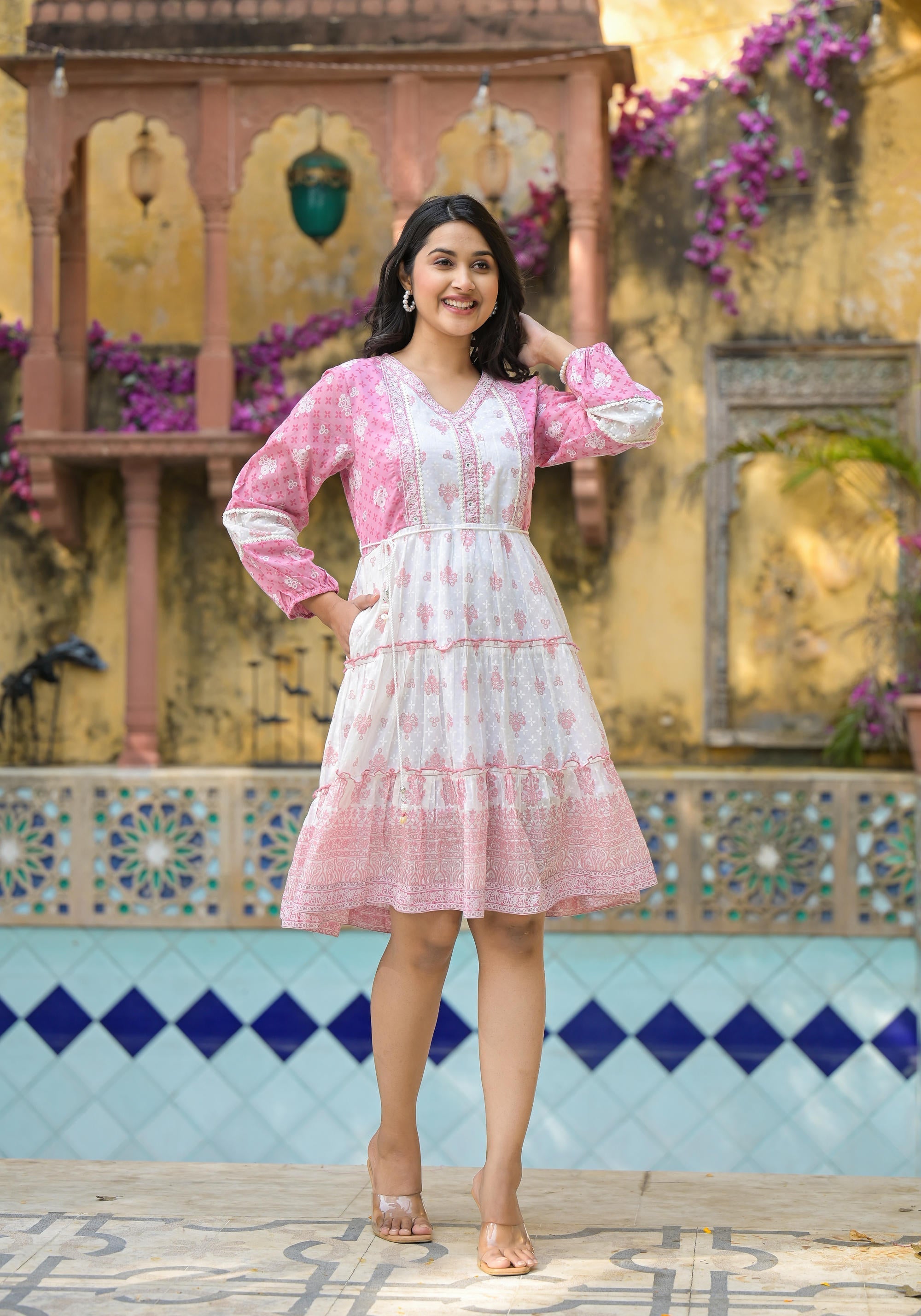 Juniper Onion Pink Ethnic Motif Printed Cotton Short Dress With Mirror Work & Lace | Grocsy