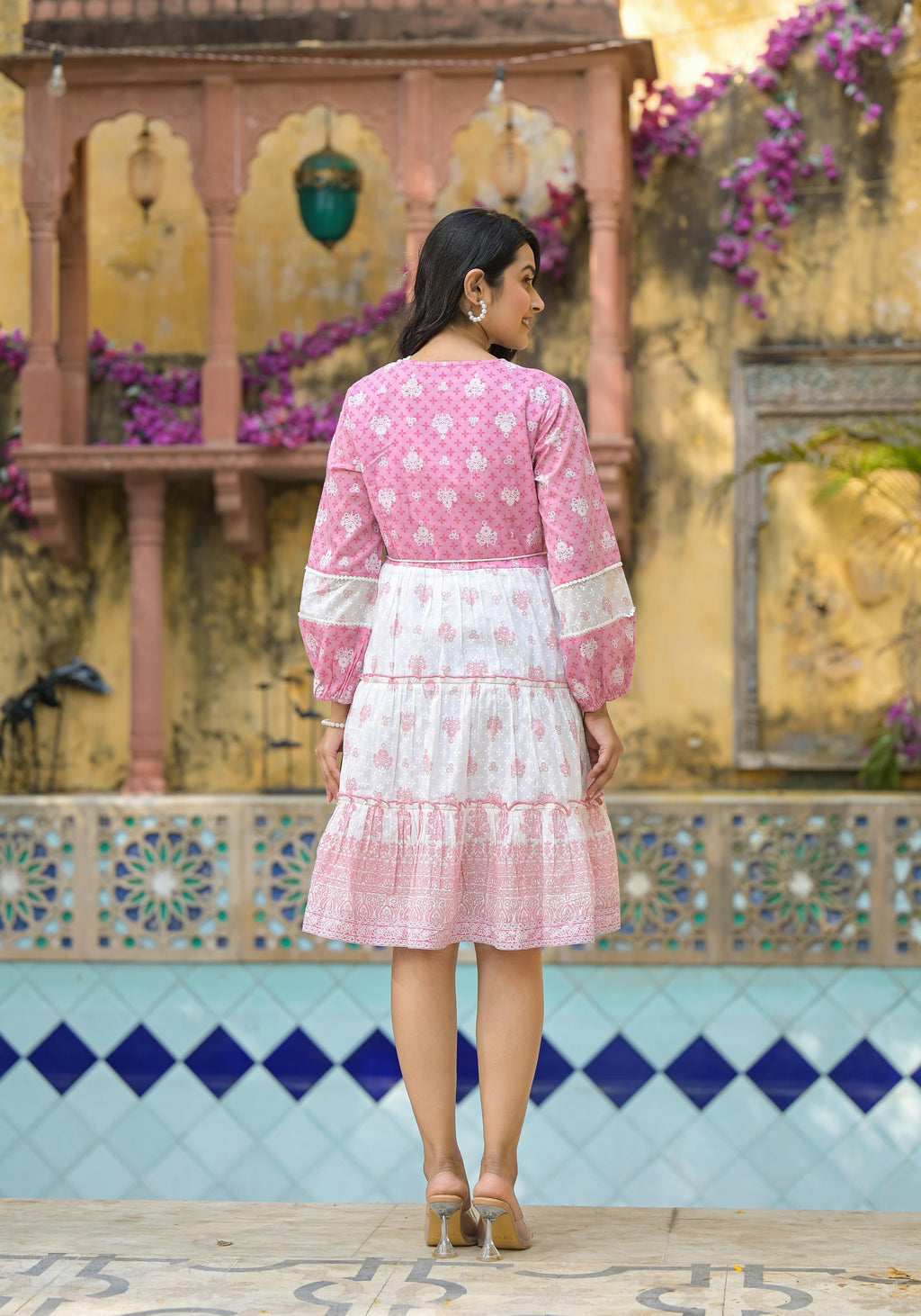 Juniper Onion Pink Ethnic Motif Printed Cotton Short Dress With Mirror Work & Lace | Grocsy