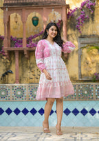Juniper Onion Pink Ethnic Motif Printed Cotton Short Dress With Mirror Work & Lace | Grocsy