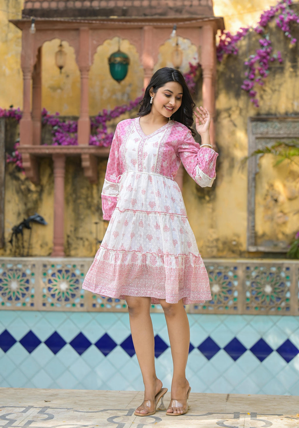 Juniper Onion Pink Ethnic Motif Printed Cotton Short Dress With Mirror Work & Lace | Grocsy