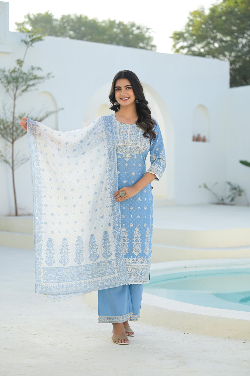 Juniper Sky Blue Embroidered Cotton Suit Set With Dupatta | Grocsy