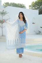 Juniper Sky Blue Embroidered Cotton Suit Set With Dupatta | Grocsy