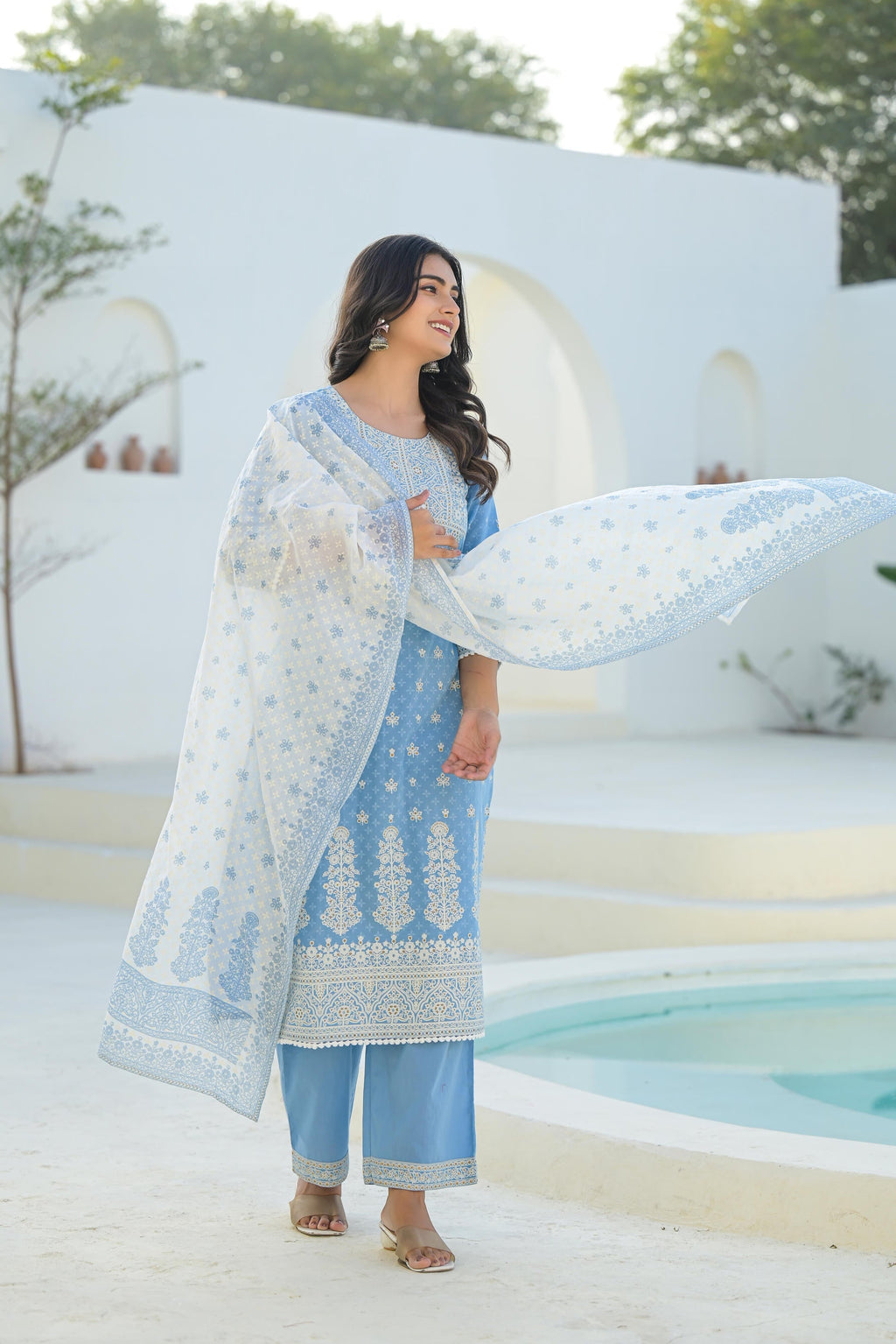 Juniper Sky Blue Embroidered Cotton Suit Set With Dupatta | Grocsy