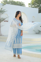 Juniper Sky Blue Embroidered Cotton Suit Set With Dupatta | Grocsy