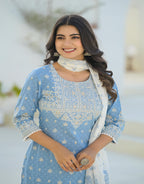 Juniper Sky Blue Embroidered Cotton Suit Set With Dupatta | Grocsy
