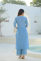Juniper Sky Blue Embroidered Cotton Suit Set With Dupatta | Grocsy