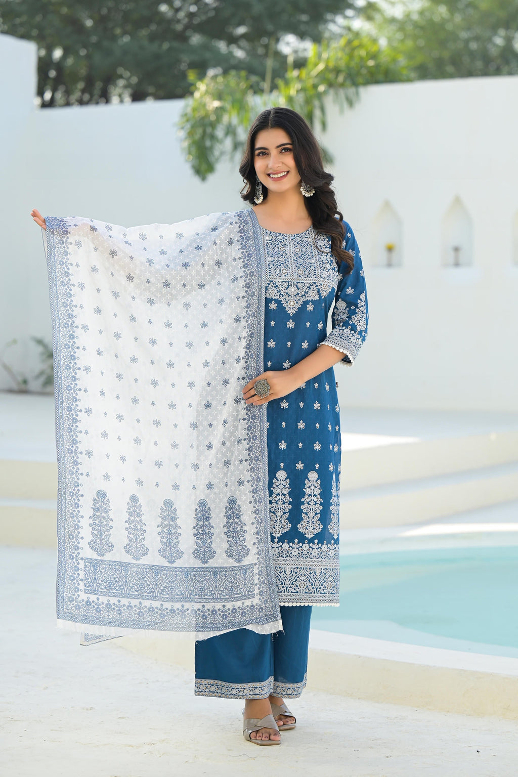 Juniper Indigo Embroidered Cotton Suit Set With Dupatta | Grocsy