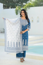 Juniper Indigo Embroidered Cotton Suit Set With Dupatta | Grocsy