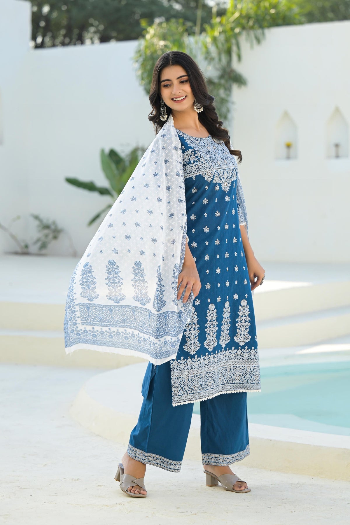 Juniper Indigo Embroidered Cotton Suit Set With Dupatta | Grocsy