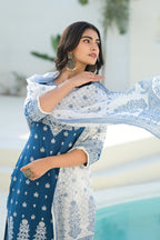 Juniper Indigo Embroidered Cotton Suit Set With Dupatta | Grocsy