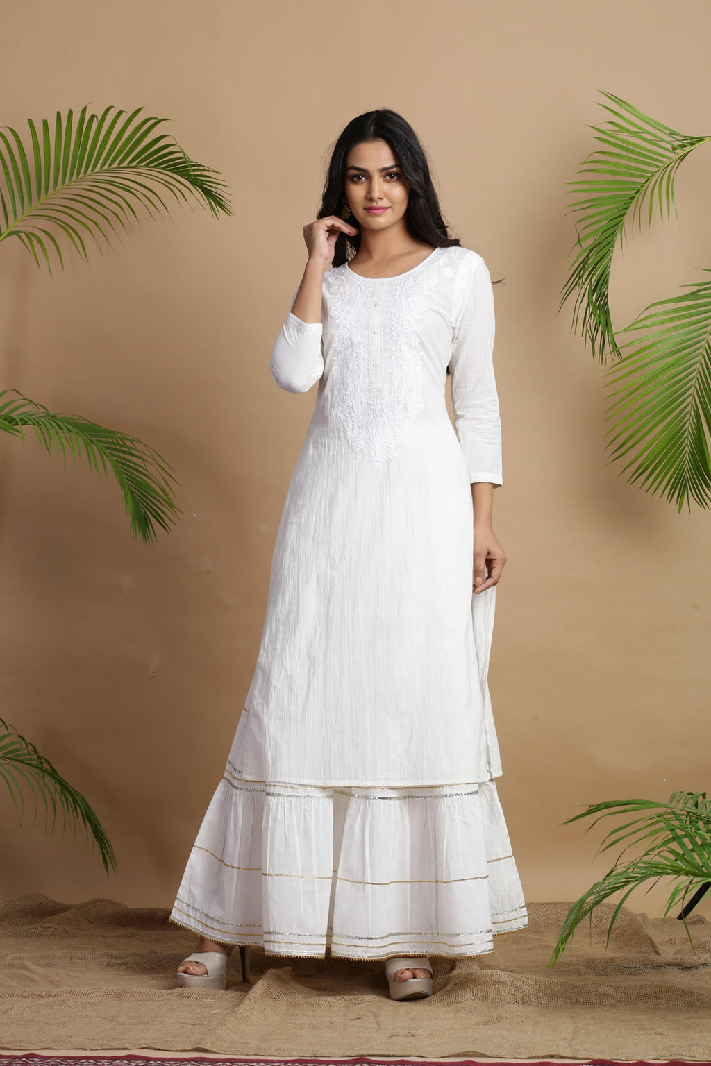 Juniper White Cotton Embroidered A-Line Straight Kurta | Grocsy