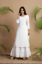 Juniper White Cotton Embroidered A-Line Straight Kurta | Grocsy
