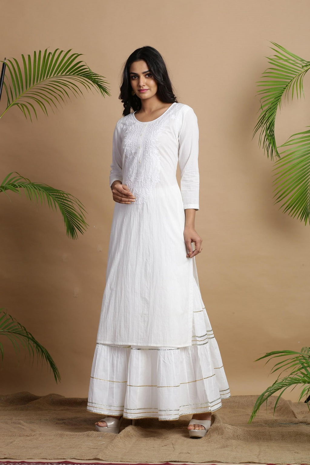 Juniper White Cotton Embroidered A-Line Straight Kurta | Grocsy