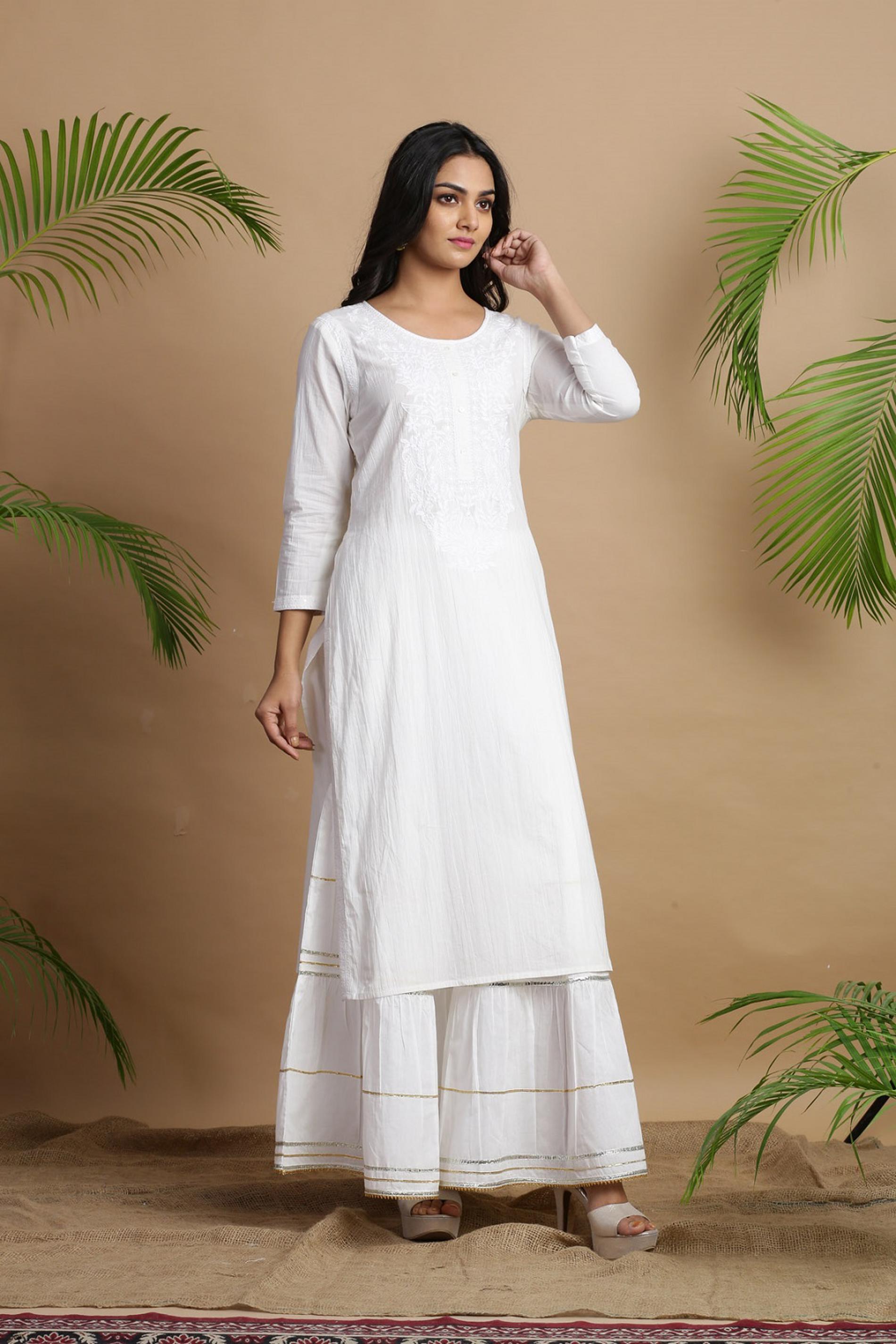 Juniper White Cotton Embroidered A-Line Straight Kurta | Grocsy
