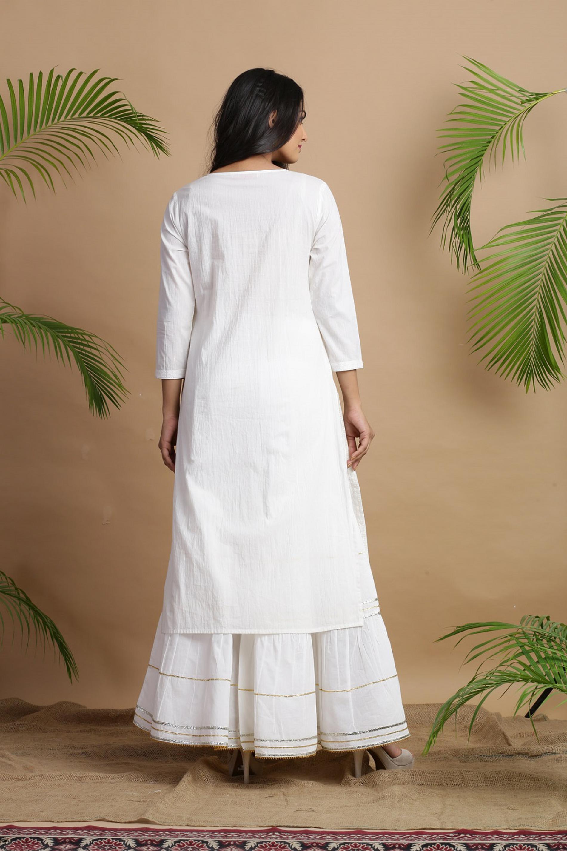 Juniper White Cotton Embroidered A-Line Straight Kurta | Grocsy