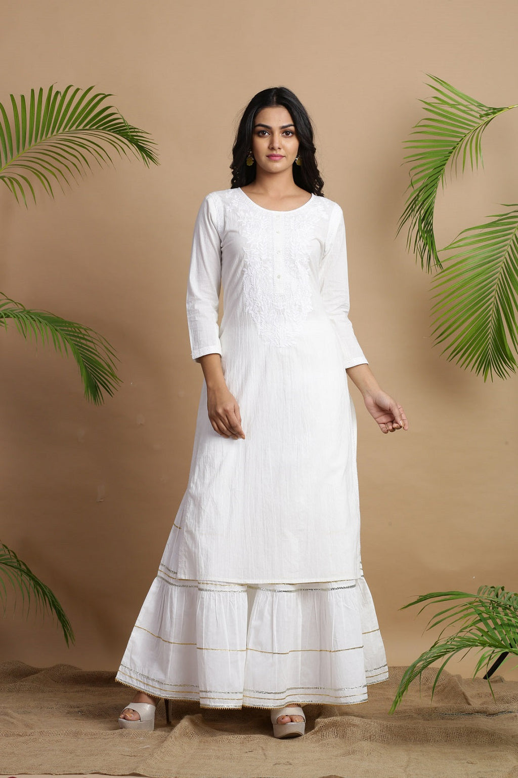 Juniper White Cotton Embroidered A-Line Straight Kurta | Grocsy