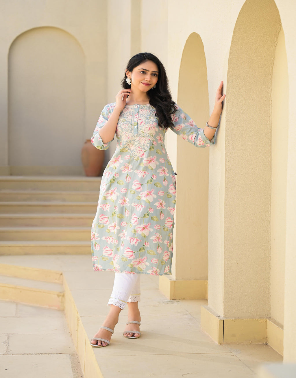 Juniper Green Floral Printed Cotton Kurta With Thread Work & Buttons | Grocsy