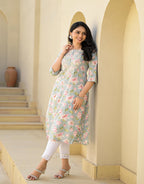 Juniper Women's Green Floral Printed Cotton Kurta With Thread Work & Buttons | Grocsy