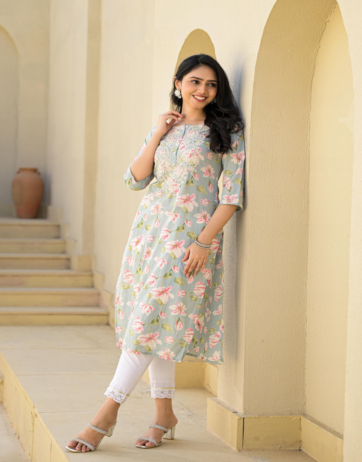 Juniper Women's Green Floral Printed Cotton Kurta With Thread Work & Buttons | Grocsy