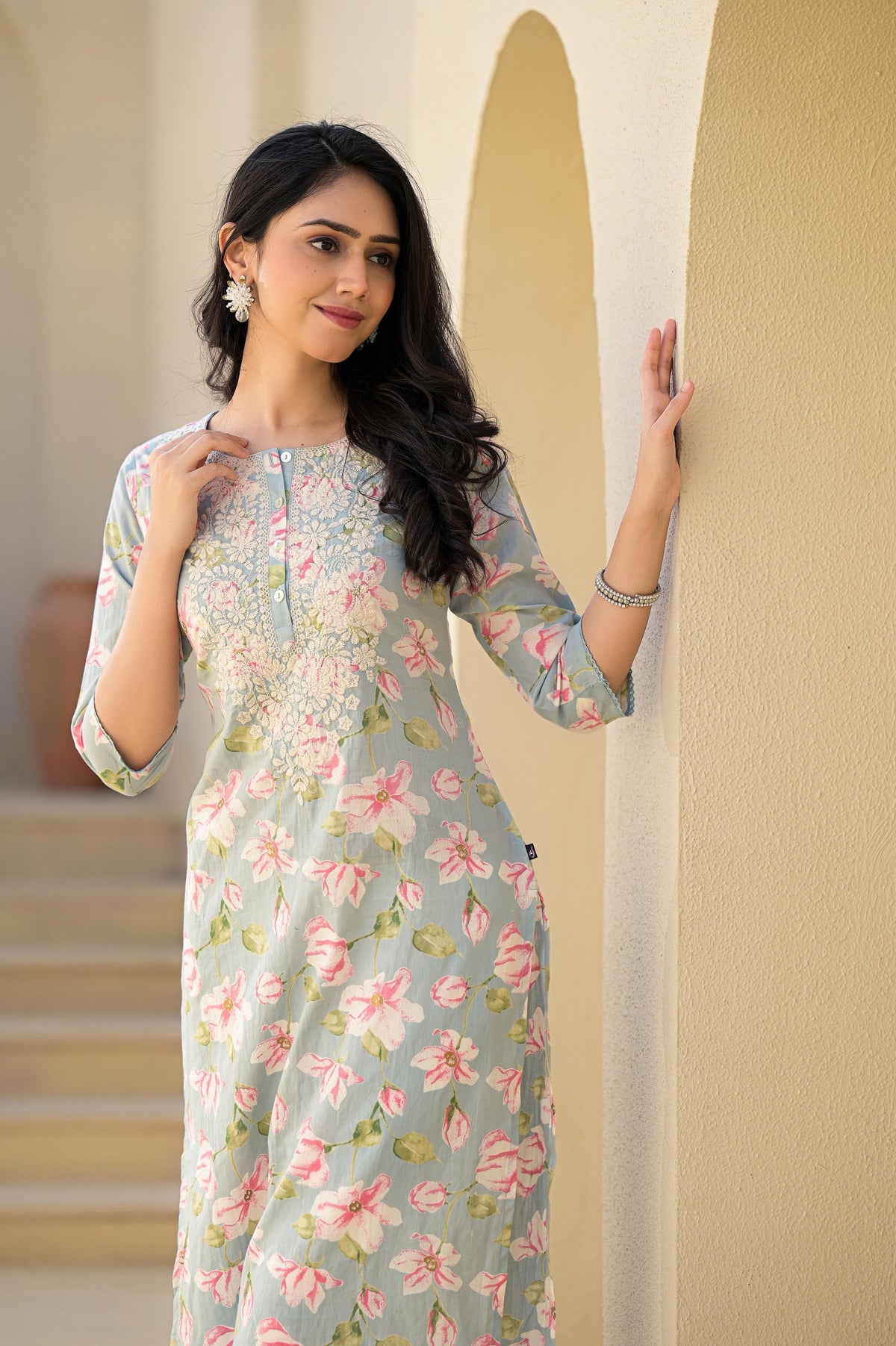 Juniper Women's Green Floral Printed Cotton Kurta With Thread Work & Buttons | Grocsy