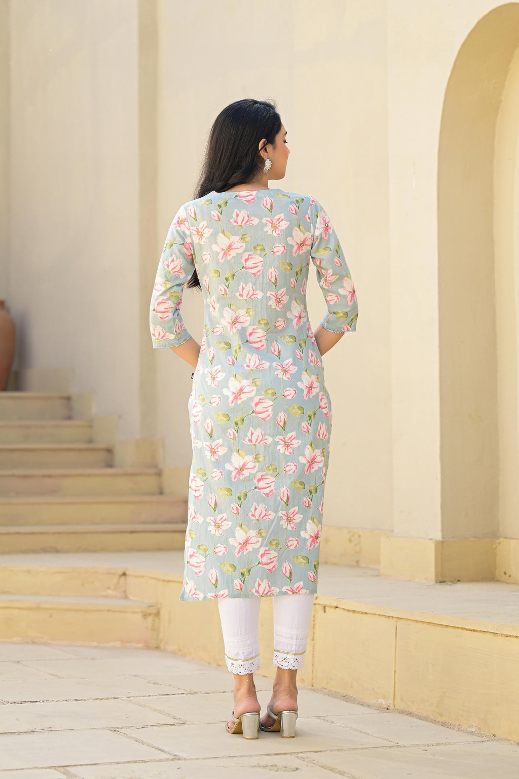 Juniper Green Floral Printed Cotton Kurta With Thread Work & Buttons | Grocsy