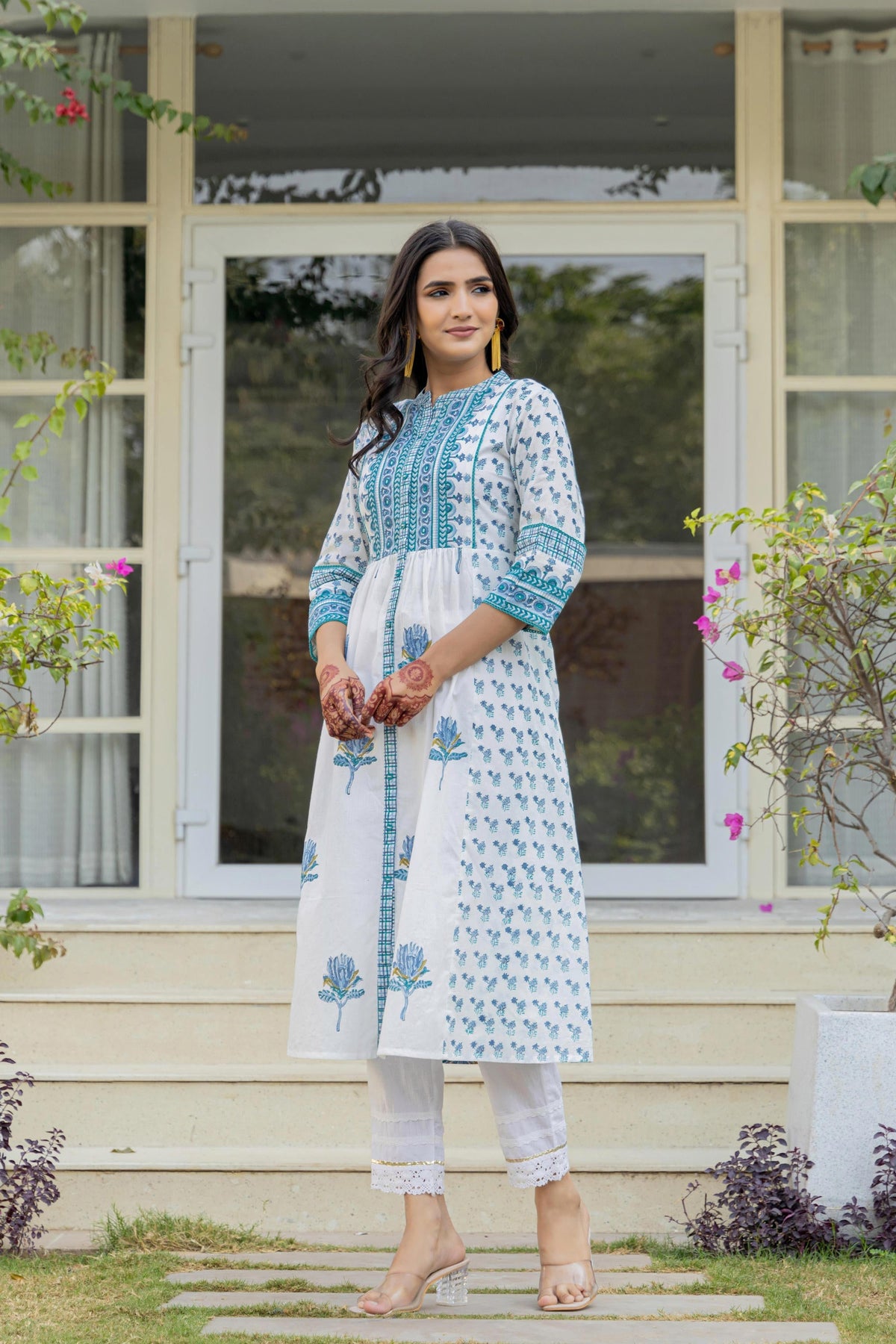 Juniper Women's White Floral Printed Cotton Kurta With Buttons | Grocsy