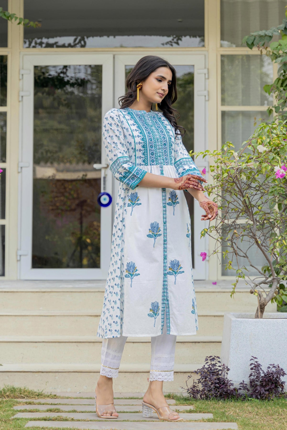 Juniper Women's White Floral Printed Cotton Kurta With Buttons | Grocsy