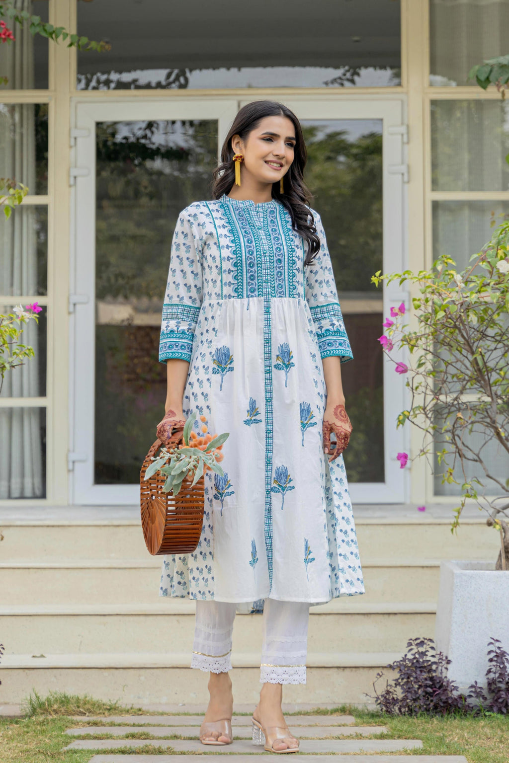 Juniper Women's White Floral Printed Cotton Kurta With Buttons | Grocsy