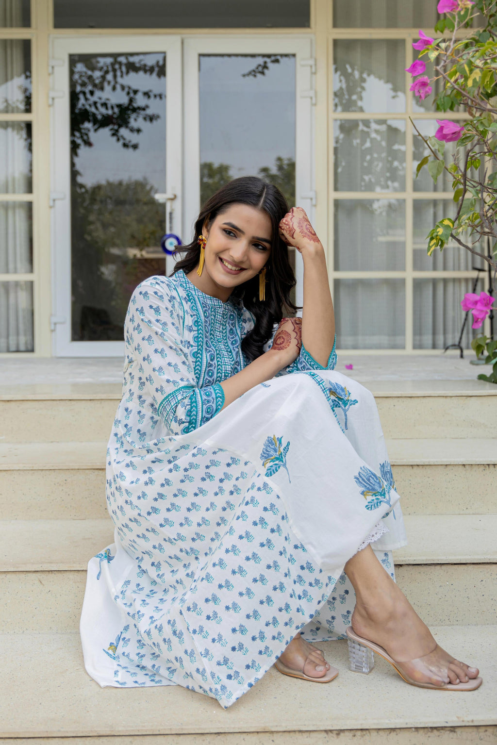 Juniper Women's White Floral Printed Cotton Kurta With Buttons | Grocsy