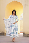 Juniper White Floral Printed Cotton Kurta & Dupatta With Lace | Grocsy