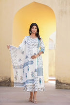 Juniper White Floral Printed Cotton Kurta & Dupatta With Lace | Grocsy