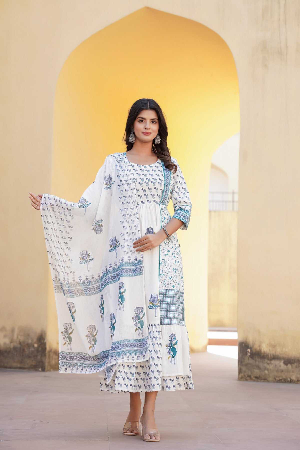 Juniper White Floral Printed Cotton Kurta & Dupatta With Lace | Grocsy