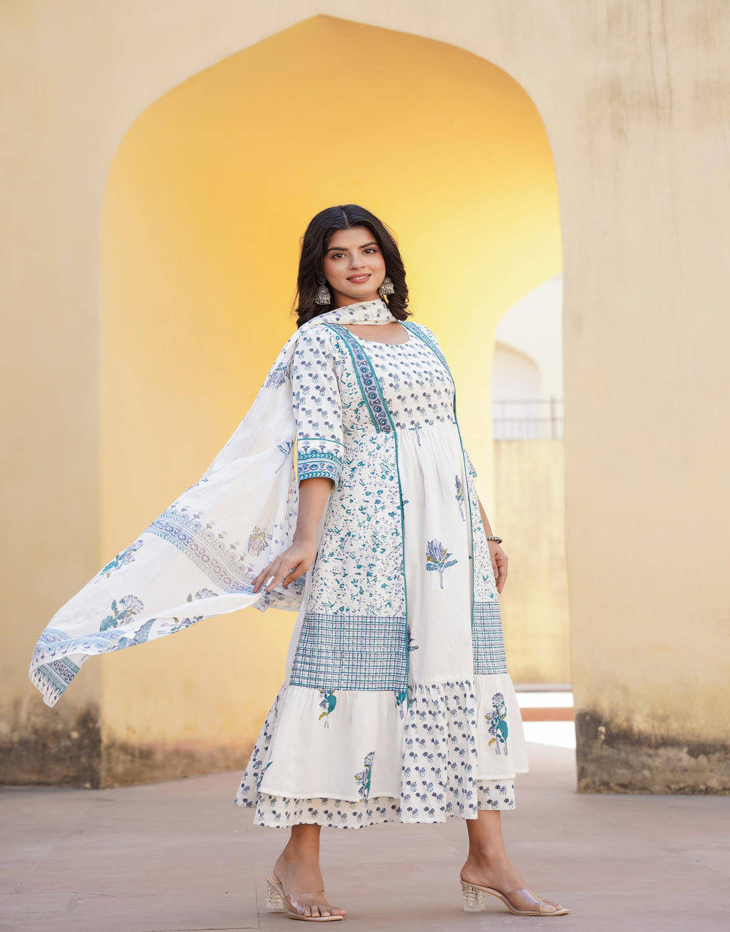 Juniper White Floral Printed Cotton Kurta & Dupatta With Lace | Grocsy