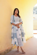 Juniper White Floral Printed Cotton Kurta & Dupatta With Lace | Grocsy