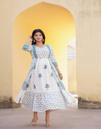 Juniper White Floral Printed Cotton Kurta & Dupatta With Lace | Grocsy