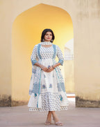 Juniper White Floral Printed Cotton Kurta & Dupatta With Lace | Grocsy